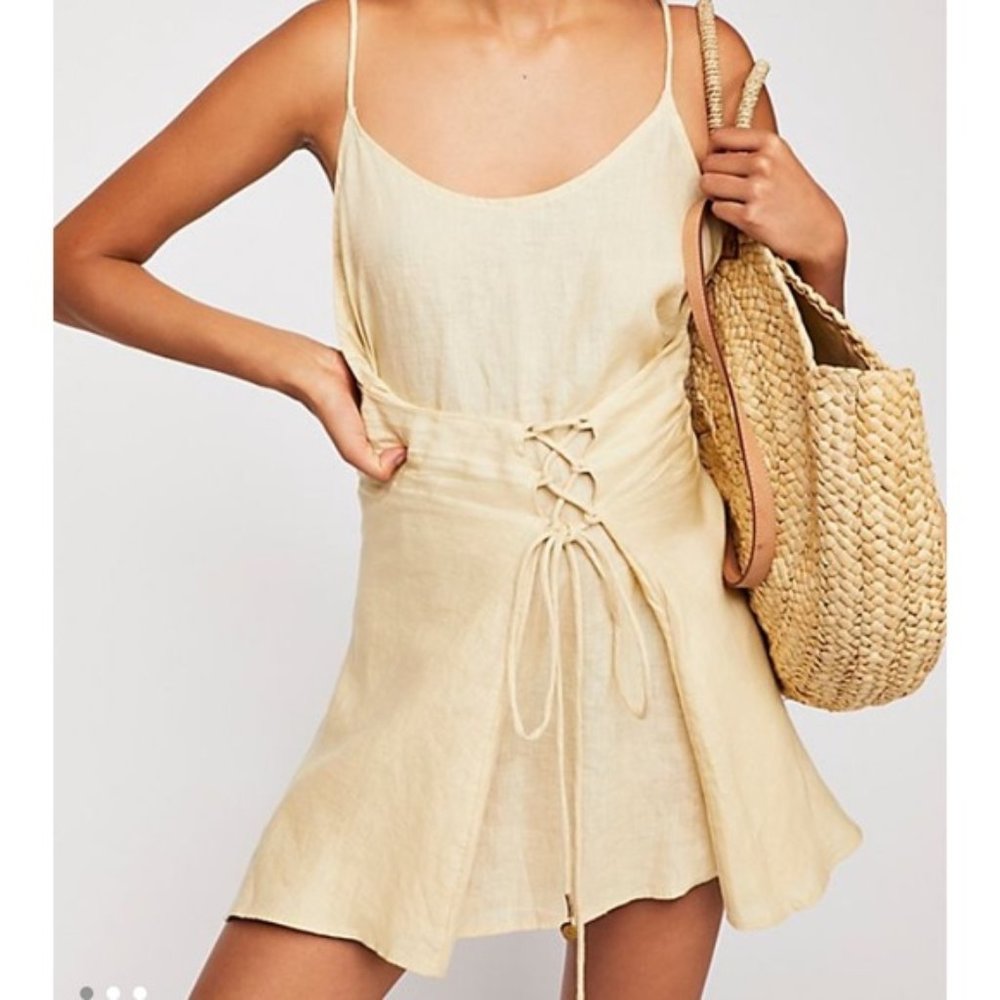 Free People Beverly Linen Cream Mini Dress (Small)